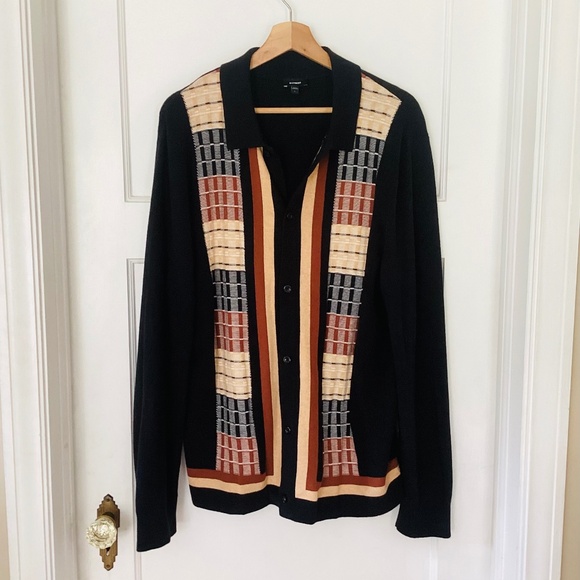 Express Men’s Button Up Collated Sweater Size L Cotton Preppy Brown Black Woven - Picture 1 of 13